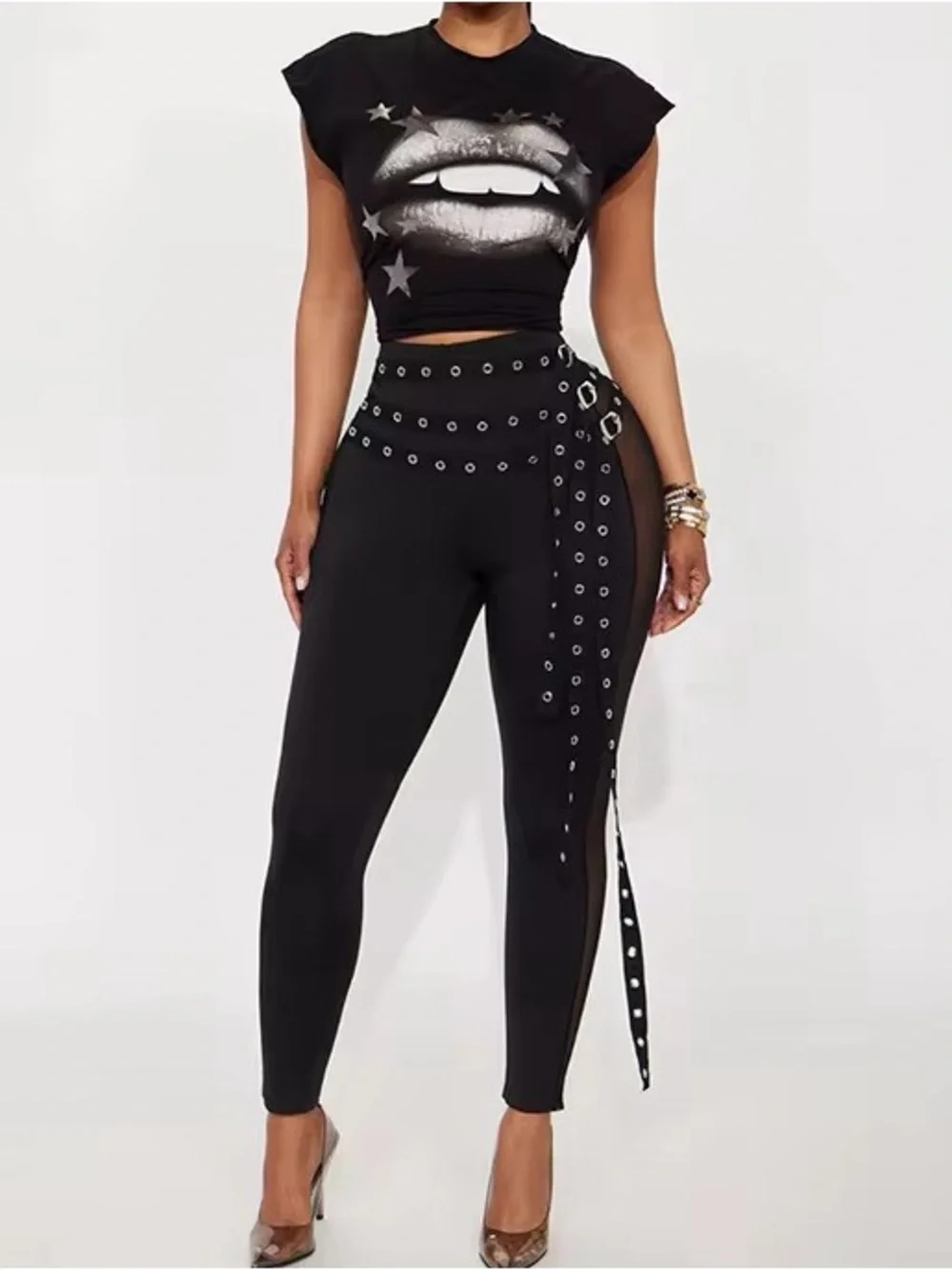 Black High-Waist Grommet Mesh-Panel Leggings